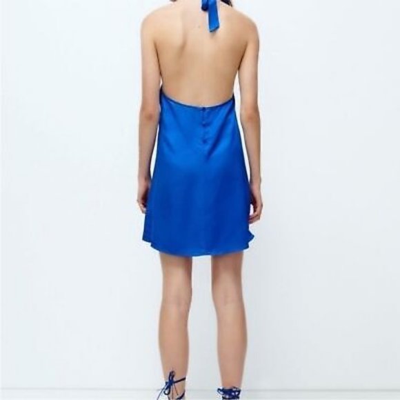 ZARA High Neck Open Back Satin Mini Halter Dress Royal Blue Size Small - Picture 2 of 12